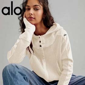 ALO label waffle fabric hooded cardigan sweatshirt for women lazy style zipper hooded jacket short style-2566  